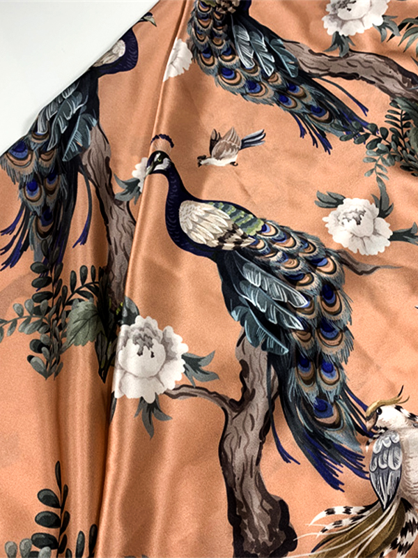 Oem Custom Silk Digital Printed Vintage Flowers And Peacocks Fabric For Scarf,Gown, Lining Sewing,Pajamas 