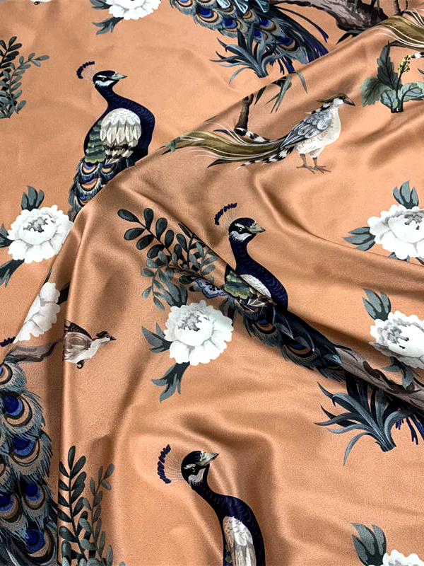 Oem Custom Silk Digital Printed Vintage Flowers And Peacocks Fabric For Scarf,Gown, Lining Sewing,Pajamas 