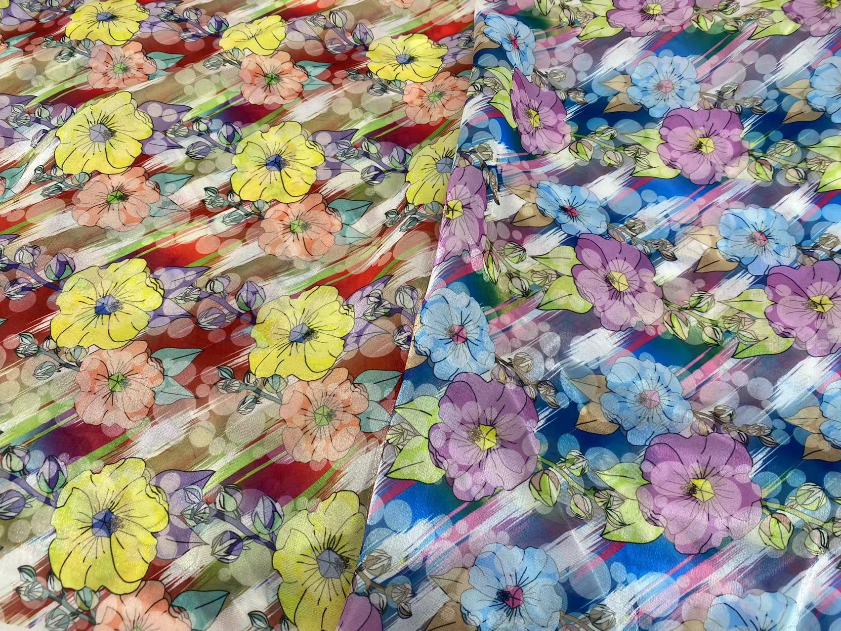 Polyester stock soft shiny 2 colorways full of flowers design pattern digital printing liquid organza fabric for kids dress