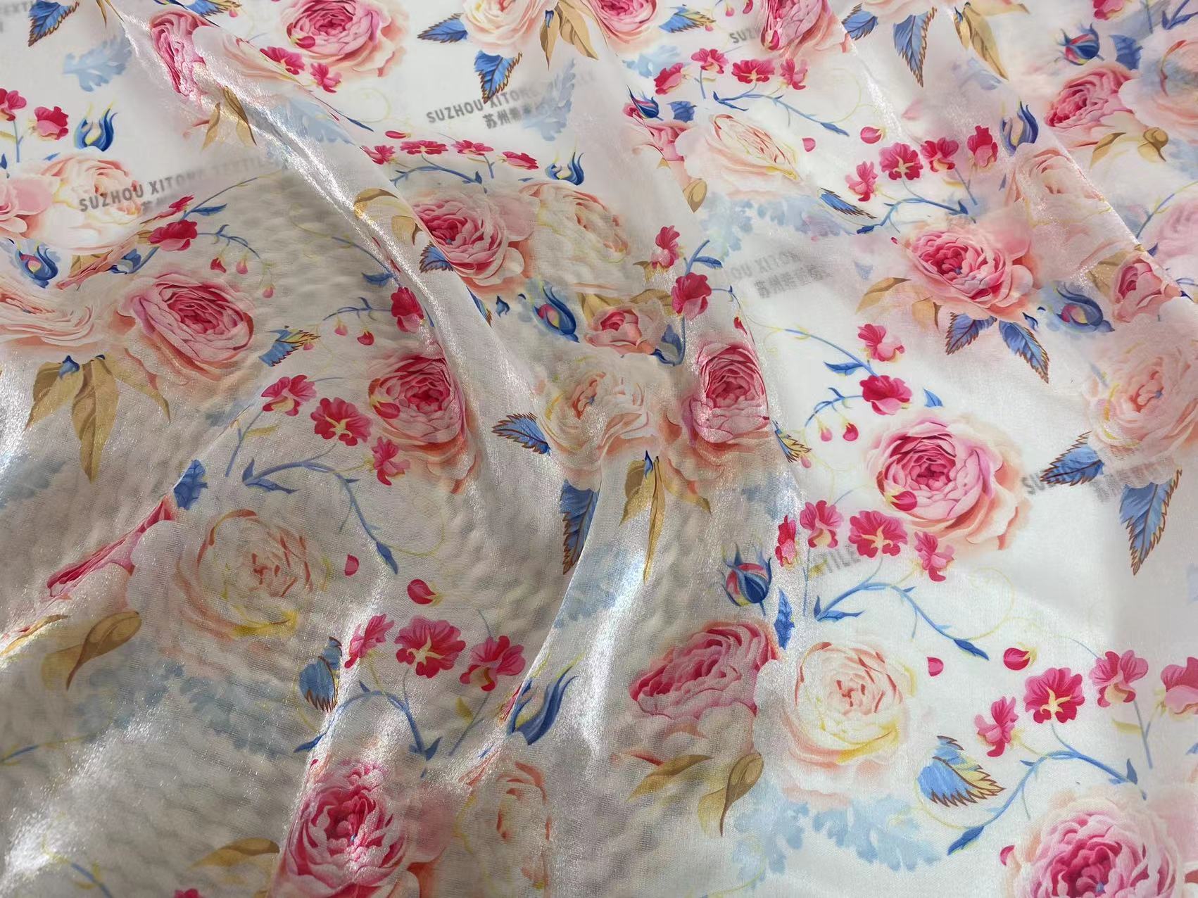 Wholesale 64gsm transparent stock digital printing beautiful flowers liquid organza fabric for women and girl's dress