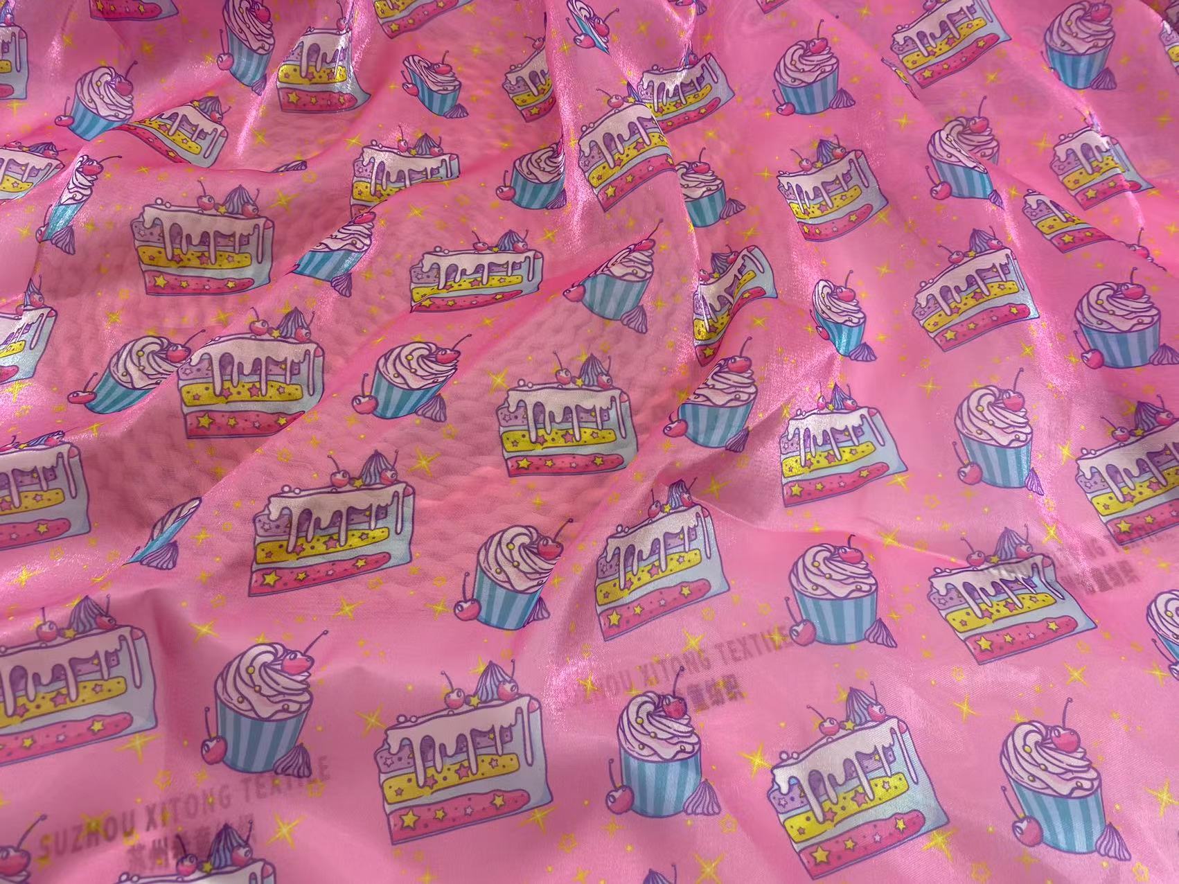 New arrival stock polyester soft and shiny pink high quality digital printing ice-cream design liquid organza fabric for kids