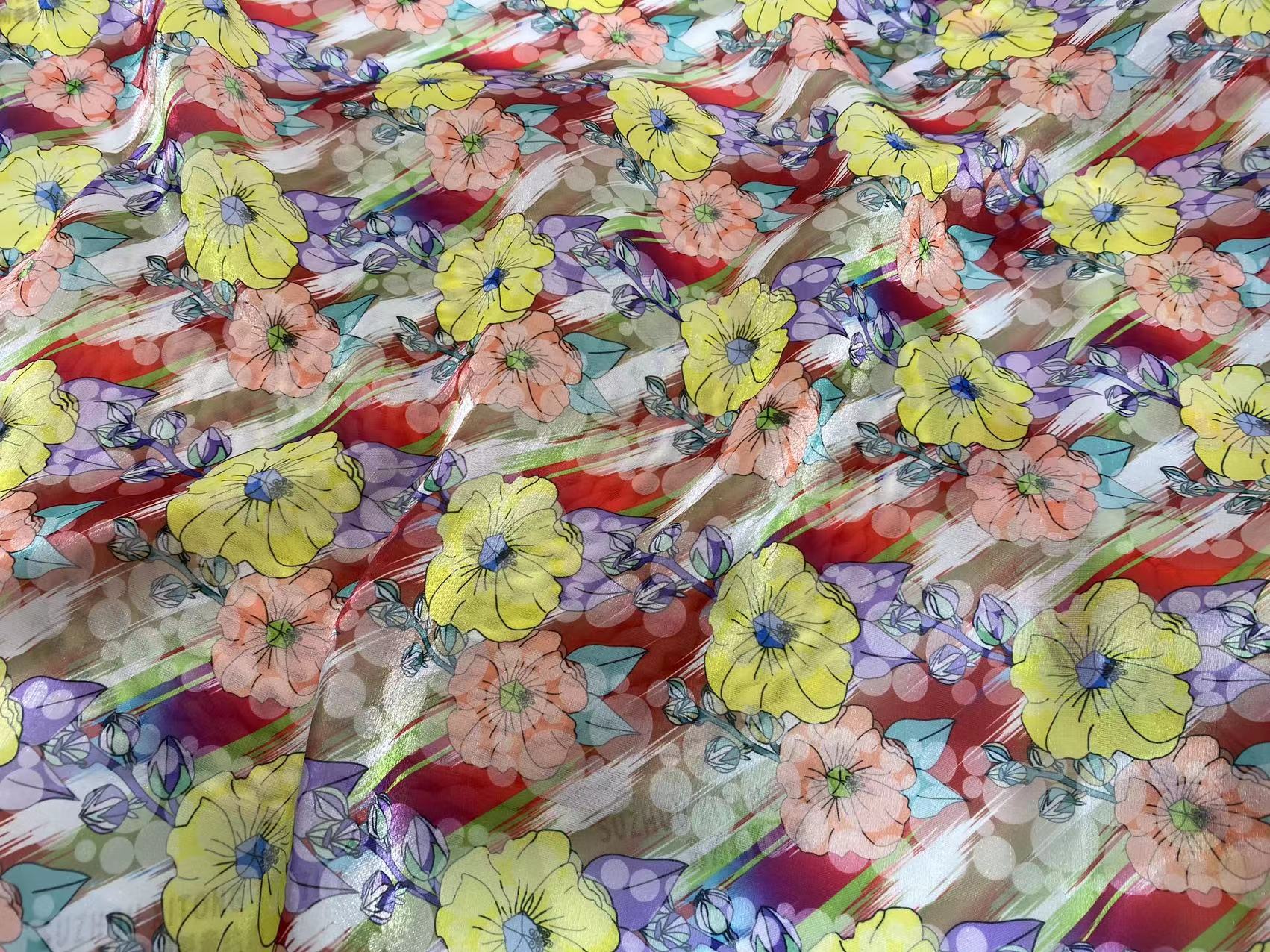 Polyester stock soft shiny 2 colorways full of flowers design pattern digital printing liquid organza fabric for kids dress