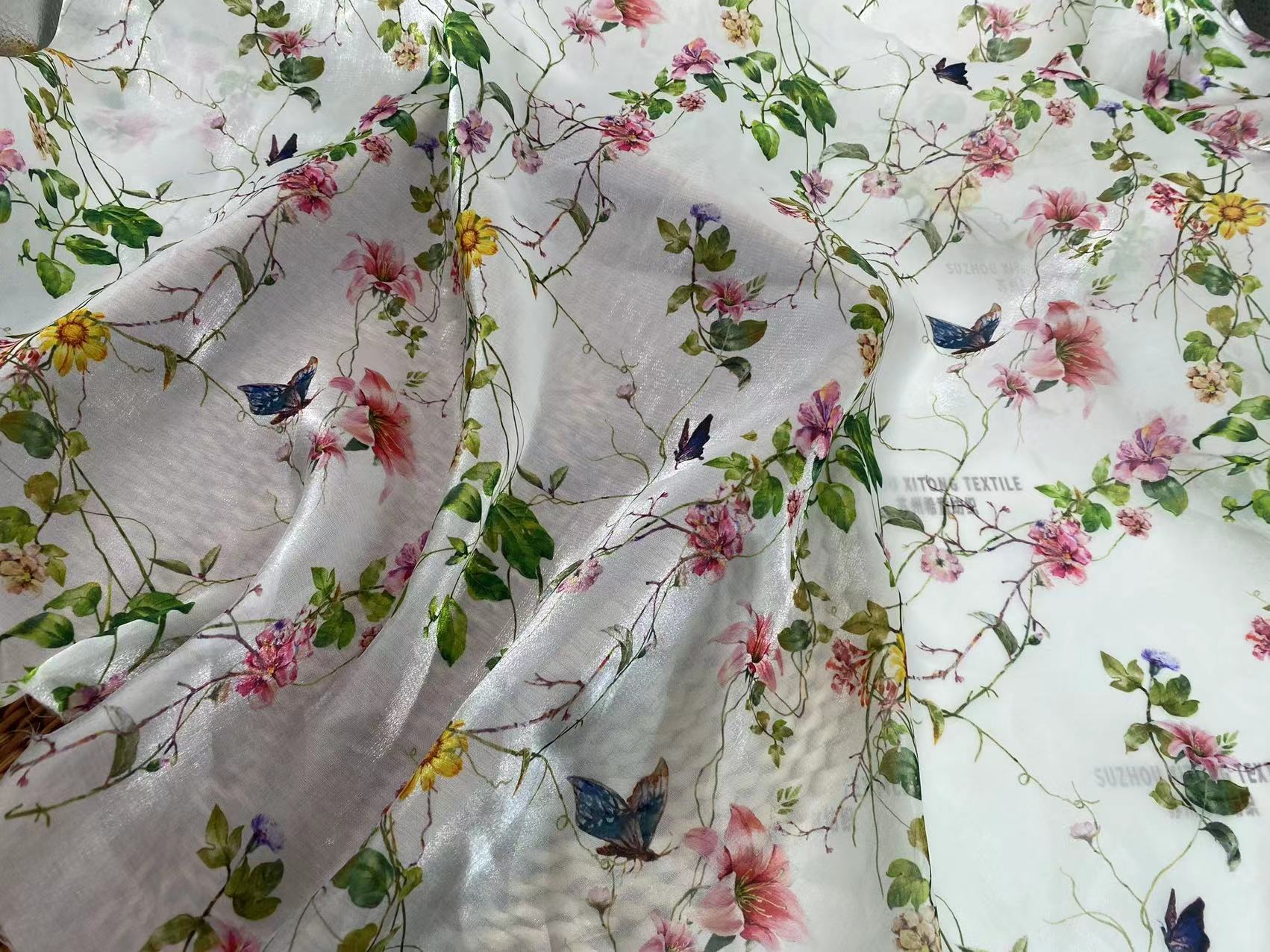 Soft silky polyester transparent bright satin gloss tulle butterflies and flowers liquid silk organza fabric for kids