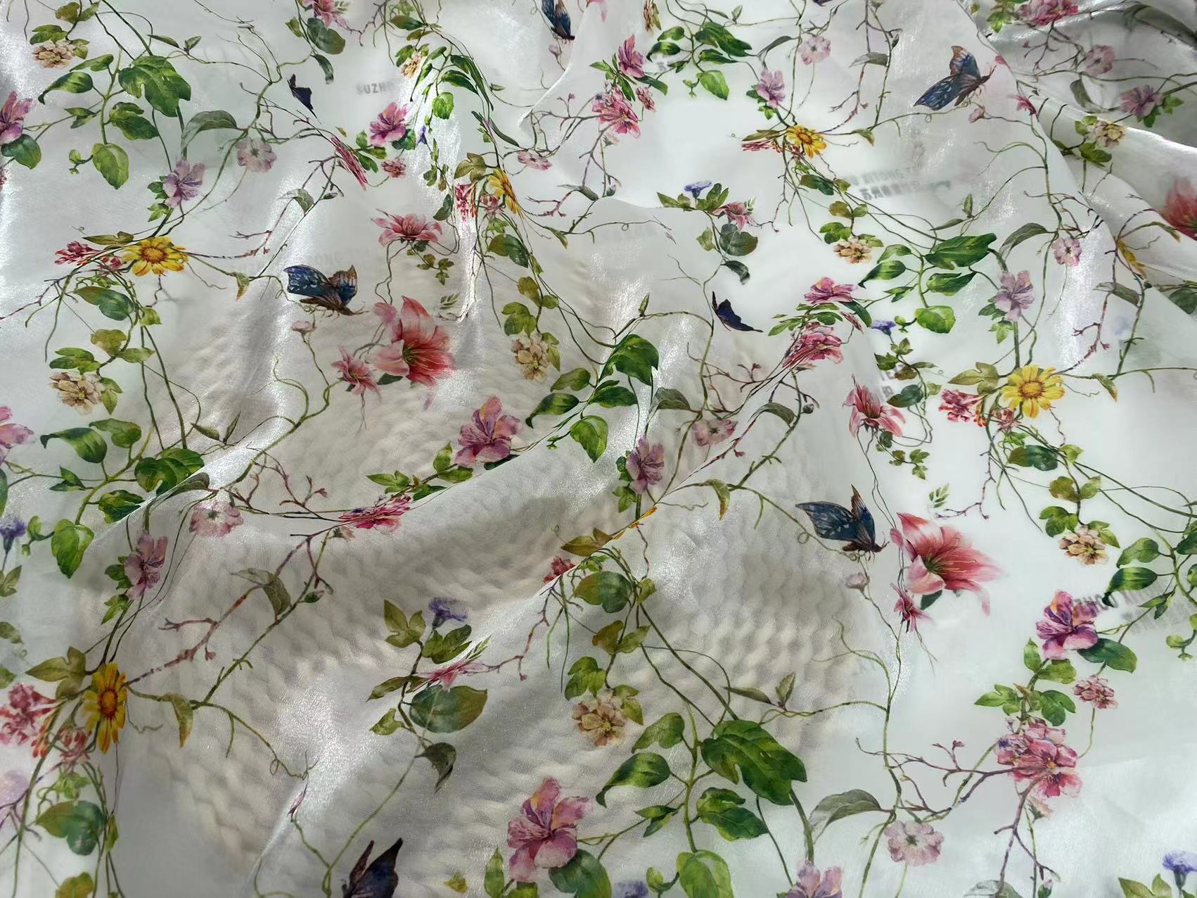 Soft silky polyester transparent bright satin gloss tulle butterflies and flowers liquid silk organza fabric for kids