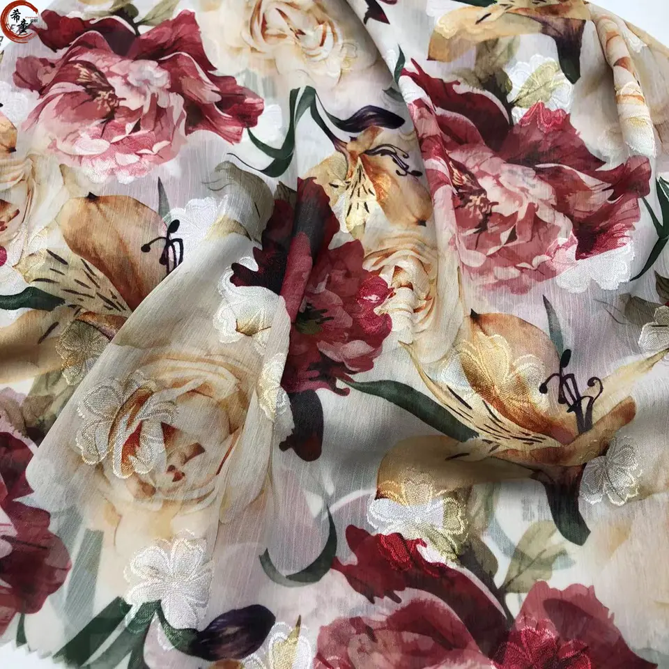 High-end polyester customized printed big florals chiffon jacquard hijab fabric for women fashion dress fabric