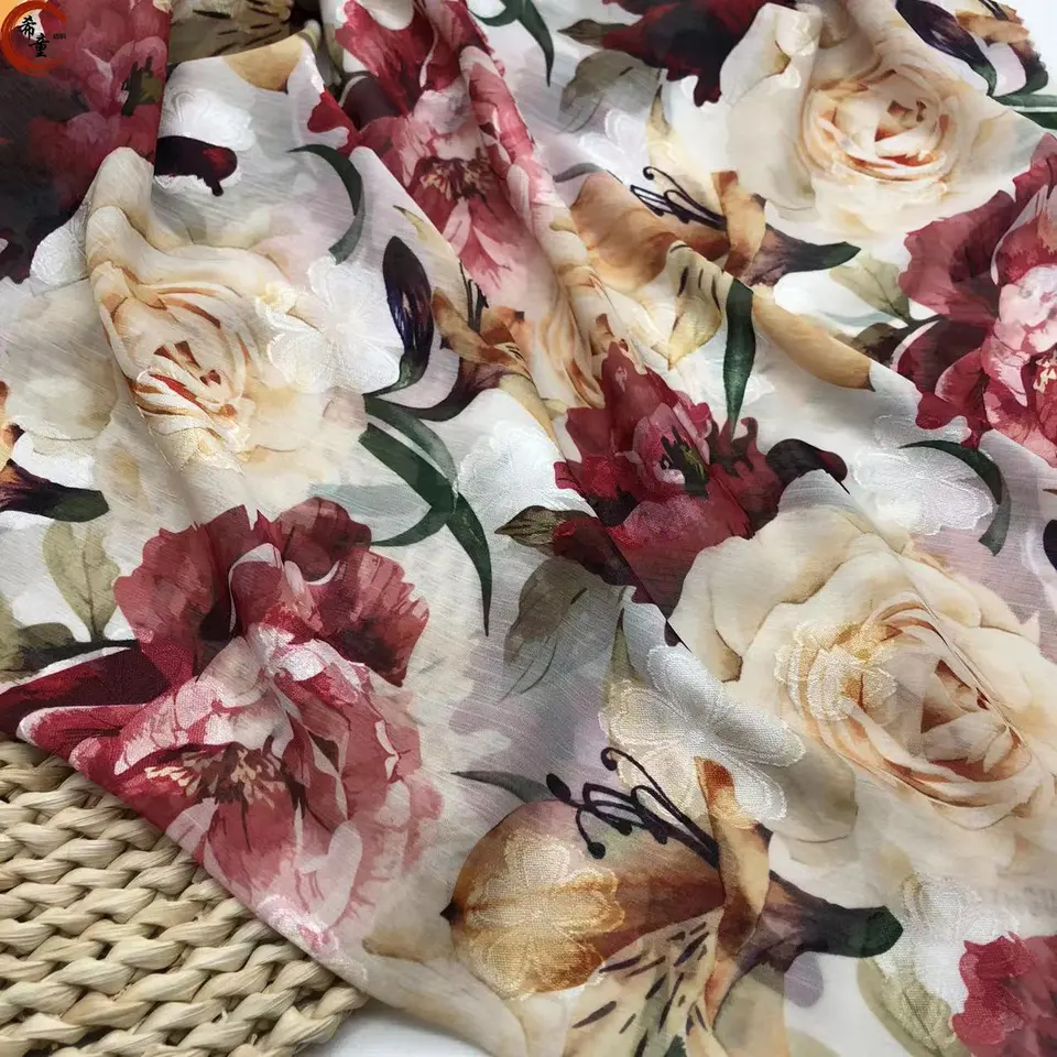 High-end polyester customized printed big florals chiffon jacquard hijab fabric for women fashion dress fabric