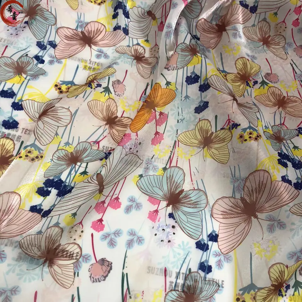 New design reflective shiny soft digital printing butterflies pattern light weight liquid organza fabric for girls' dress fabric