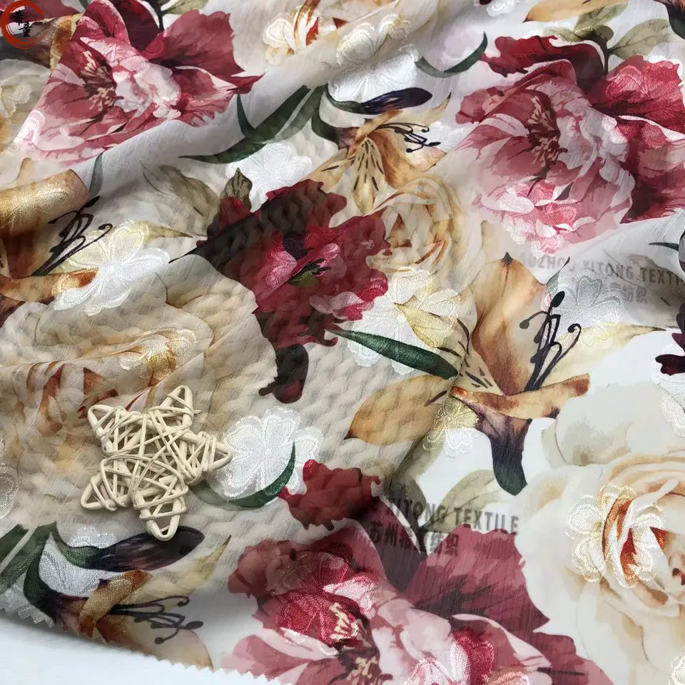 High-end polyester customized printed big florals chiffon jacquard hijab fabric for women fashion dress fabric