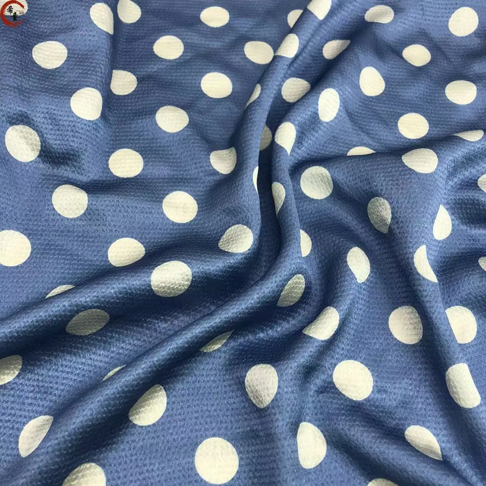 Custom digital printing stretch polyester spandex crepe polka white dots blue base classical satin fabric for women garments