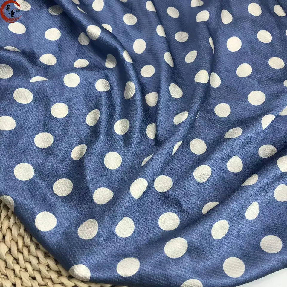 Custom digital printing stretch polyester spandex crepe polka white dots blue base classical satin fabric for women garments