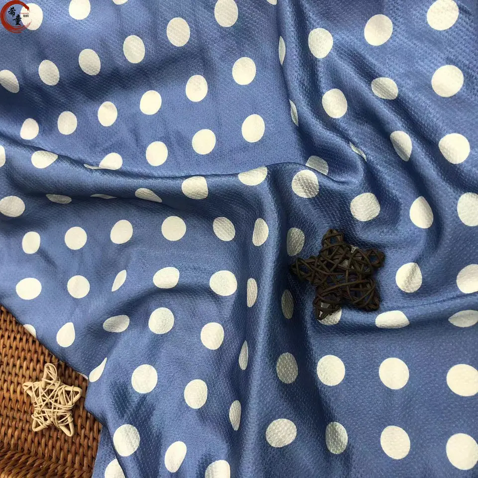 Custom digital printing stretch polyester spandex crepe polka white dots blue base classical satin fabric for women garments