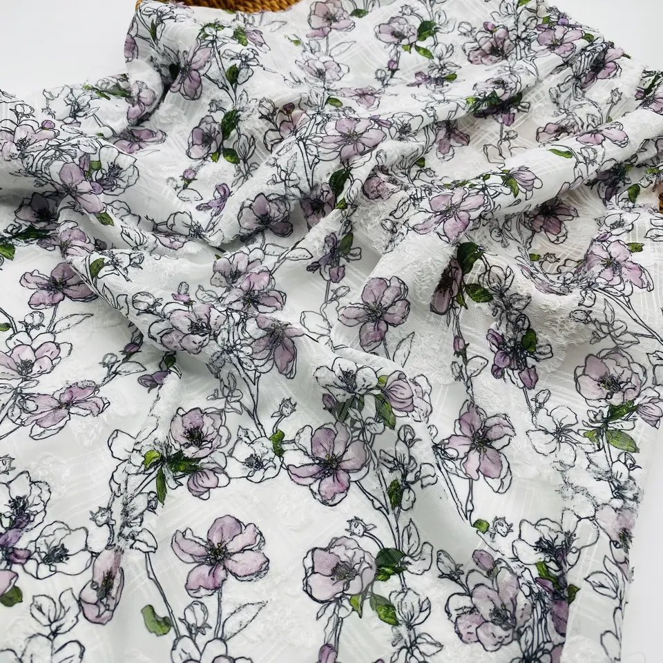 textile and fabric suppliers 100% polyester woven apparel fabric clipping flower chiffon jacquard polyester fabric for dress