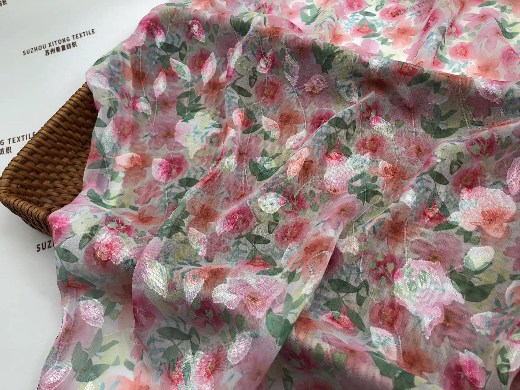 New arrival spring and summer floral print fabric wholesale stocklot flower chiffon jacquard fabrics for scarf or dress