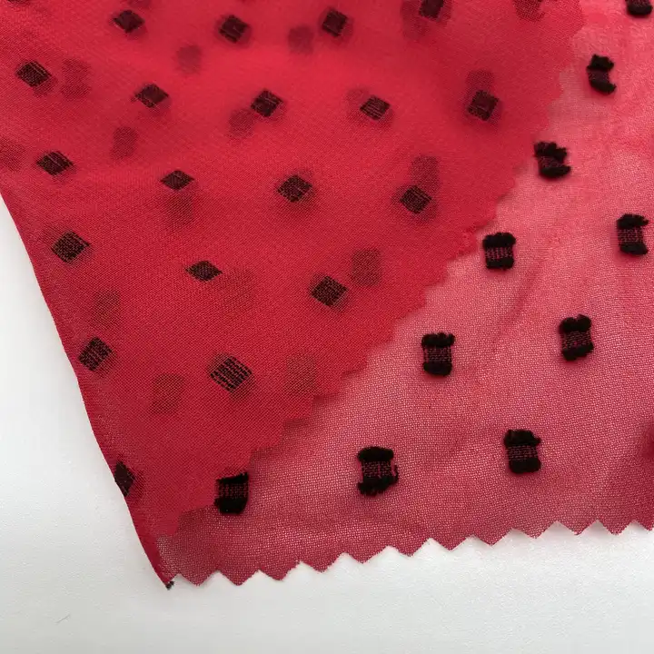 100% polyester fiber cut flower black polka dot soft handfeeling jacquard chiffon fabric for dress