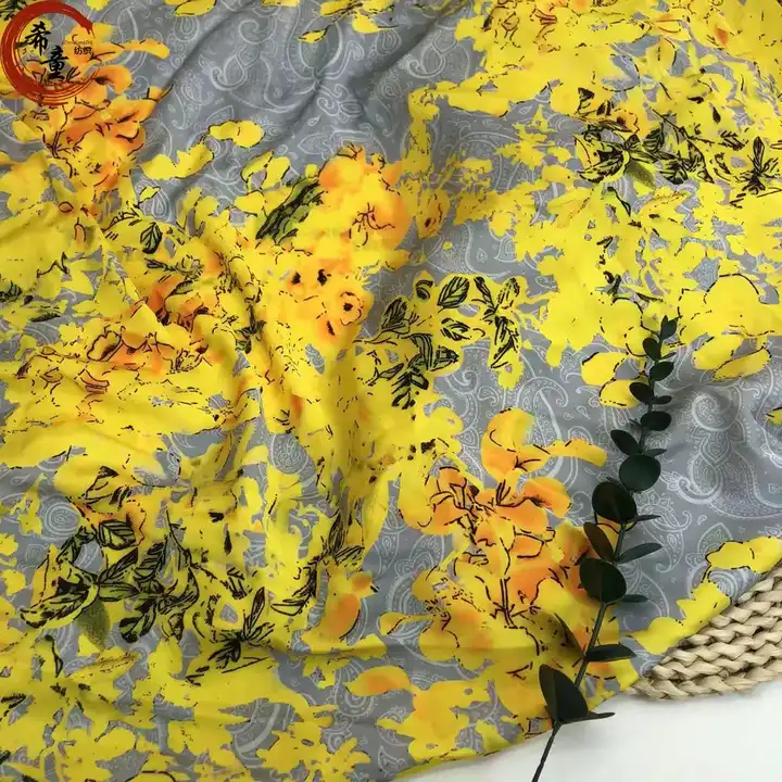 2023 Latest fashion yellow flower elegant sexy attractive digital printed satin fabric for women dress and scarf making