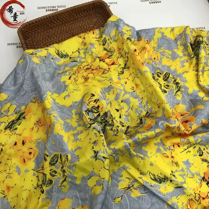 2023 Latest fashion yellow flower elegant sexy attractive digital printed satin fabric for women dress and scarf making