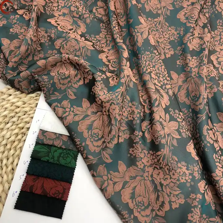 New arrival woven polyester double-sided soft cationic satin jacquard fabric for pajamas shirts or women dress making.