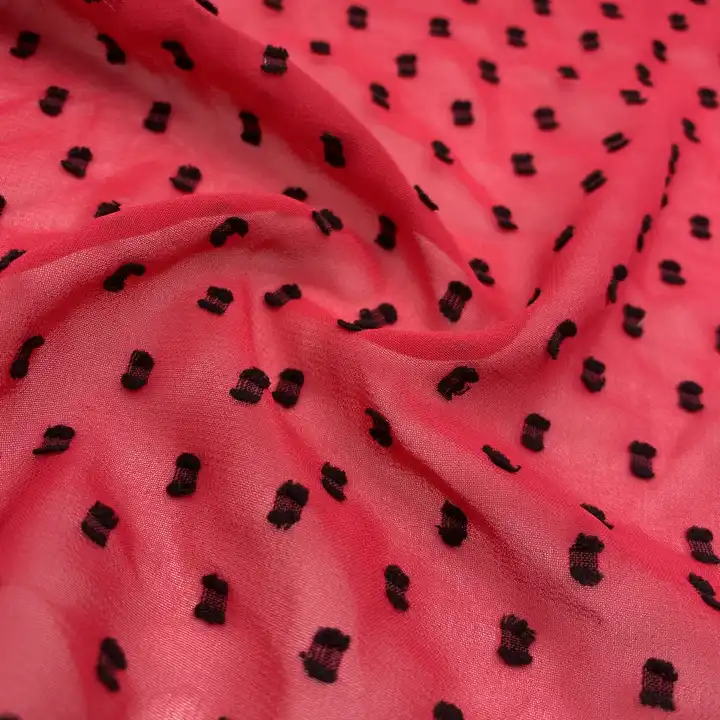 100% polyester fiber cut flower black polka dot soft handfeeling jacquard chiffon fabric for dress