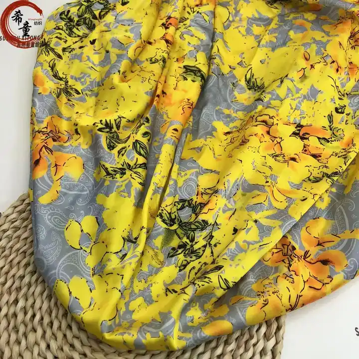 2023 Latest fashion yellow flower elegant sexy attractive digital printed satin fabric for women dress and scarf making