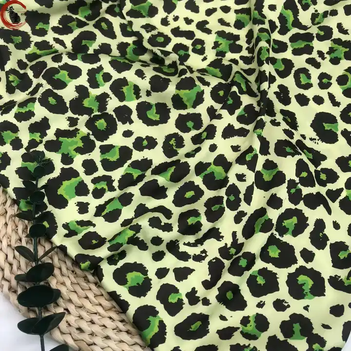 High-end factory direct sales luxury woven polyester green leopard digital printing stretch satin fabric for women dress