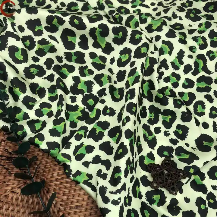 High-end factory direct sales luxury woven polyester green leopard digital printing stretch satin fabric for women dress