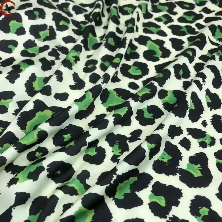 High-end factory direct sales luxury woven polyester green leopard digital printing stretch satin fabric for women dress