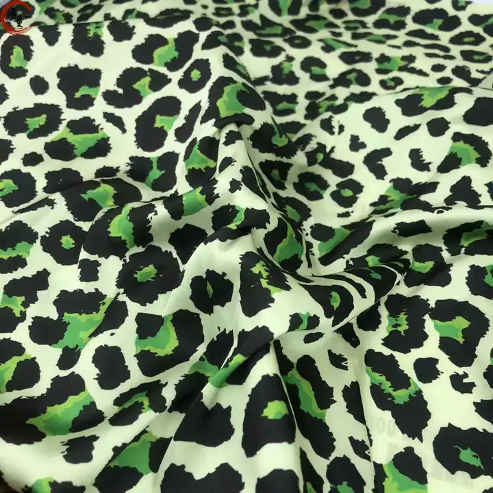 High-end factory direct sales luxury woven polyester green leopard digital printing stretch satin fabric for women dress