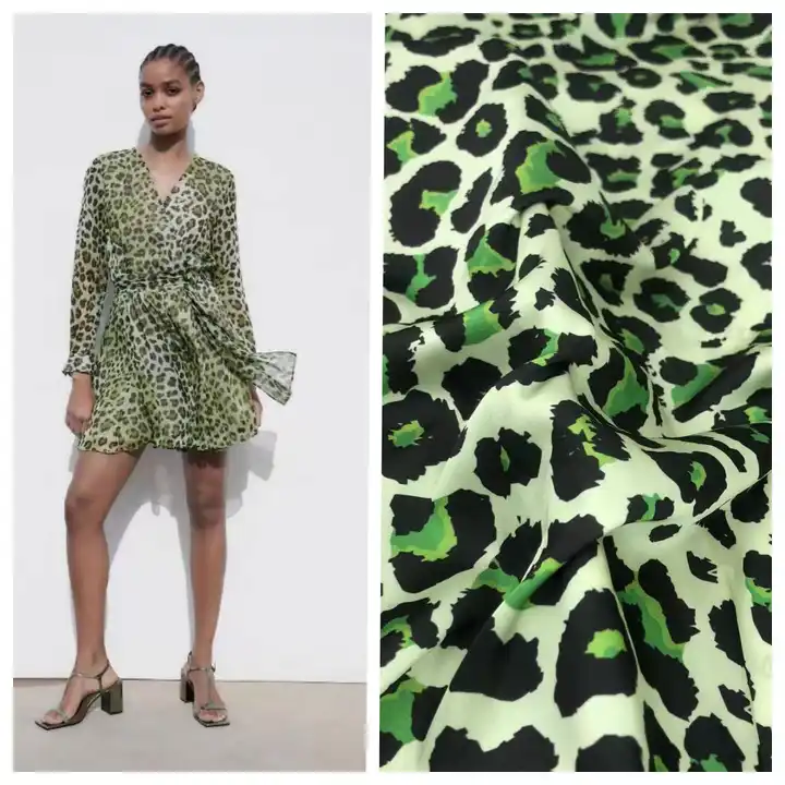 High-end factory direct sales luxury woven polyester green leopard digital printing stretch satin fabric for women dress