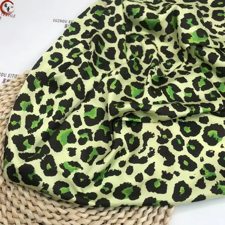 High-end factory direct sales luxury woven polyester green leopard digital printing stretch satin fabric for women dress