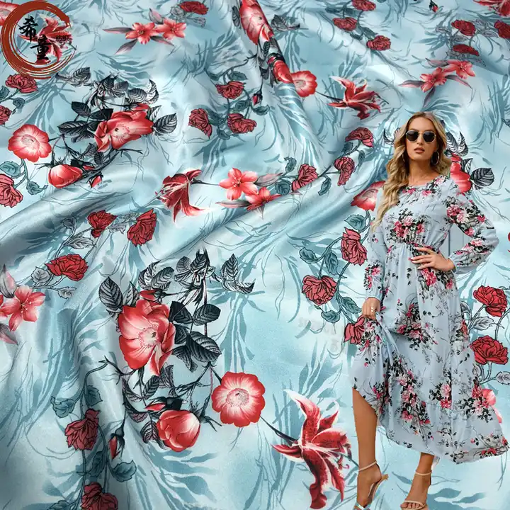 XiTong textile new design of large flower 100% polyester stretch satin digital print fabric for dress and sleeping wear