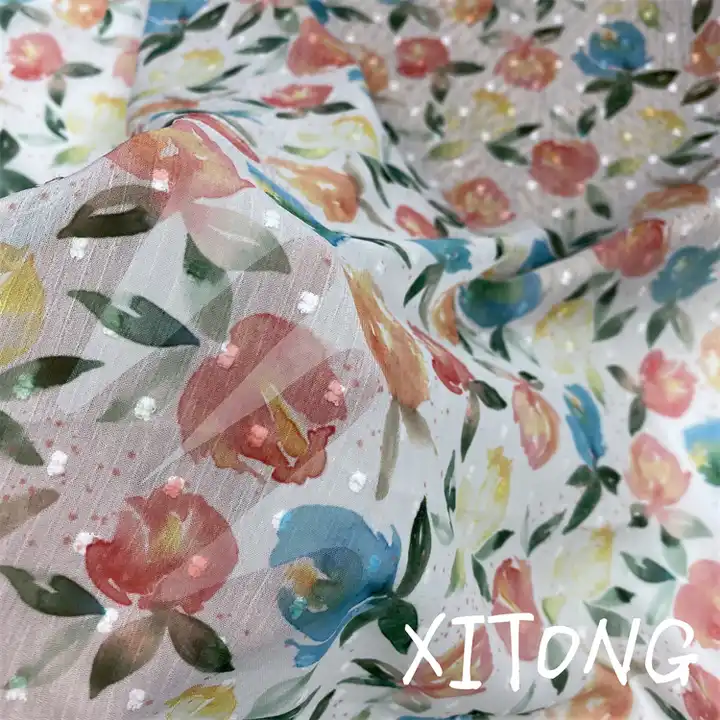 Spring and summer new girl bow printed fabric 100% polyester fabric woven jacquard chiffon dot fabric