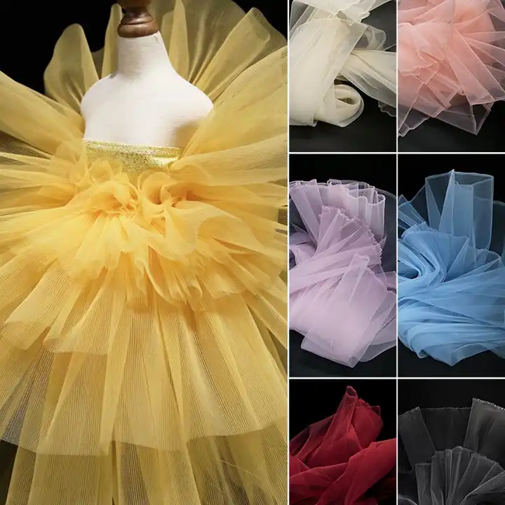 Colorful Stretch Ruffled Accordion Pleated Lace Little Stiff Tulle Material Fabric for Bridal Wedding Dress