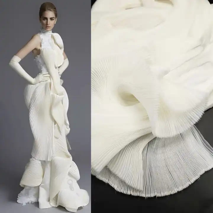 Small Wrinkle White Pleated Organza Fabric Stiff Wide Shape Decoration Stage Handmade Fashion Dress Designer Fabric