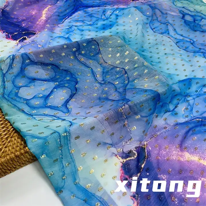 100% polyester woven fabric wholesale printing metallic dot chiffon fabric with lurex for fashion ladys garments