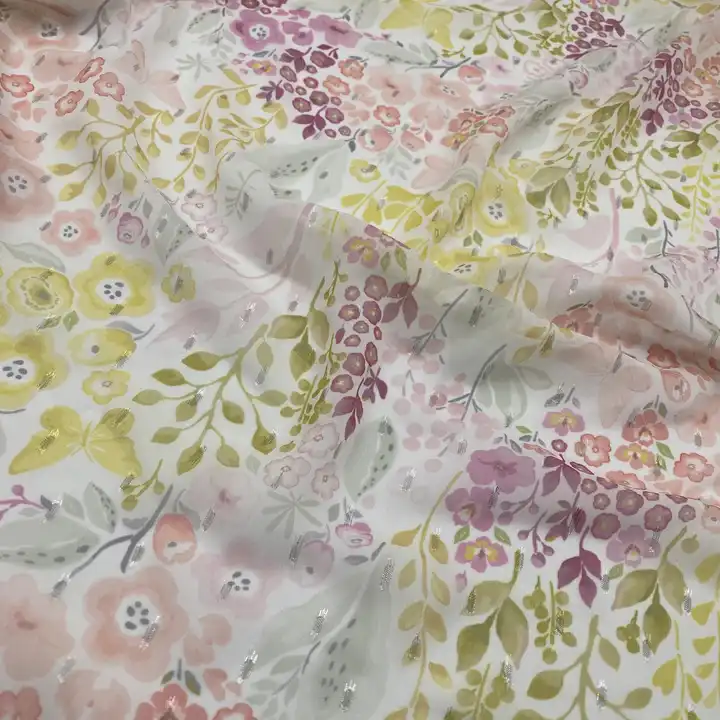 Fashion custom digital print fabric designer floral printing material metallic jacquard silk chiffon fabric for cloth