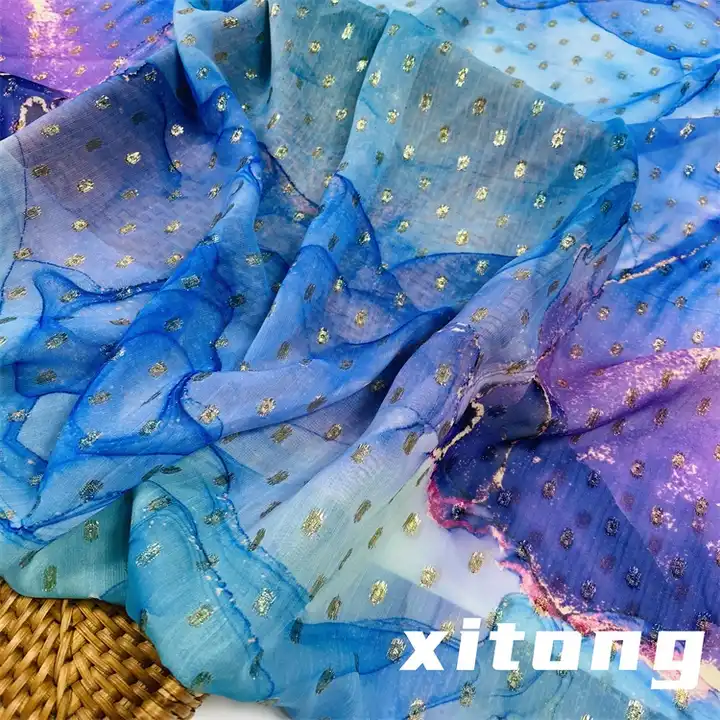 100% polyester woven fabric wholesale printing metallic dot chiffon fabric with lurex for fashion ladys garments