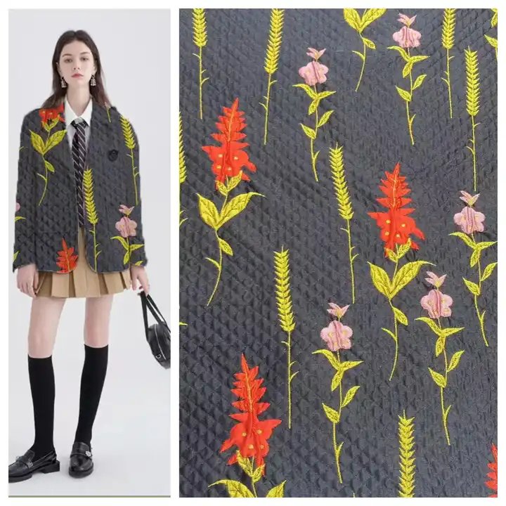 Factory direct sale stock fashion black embossed crepe jacquard flowers brocade fabric for spring and autumn women garments