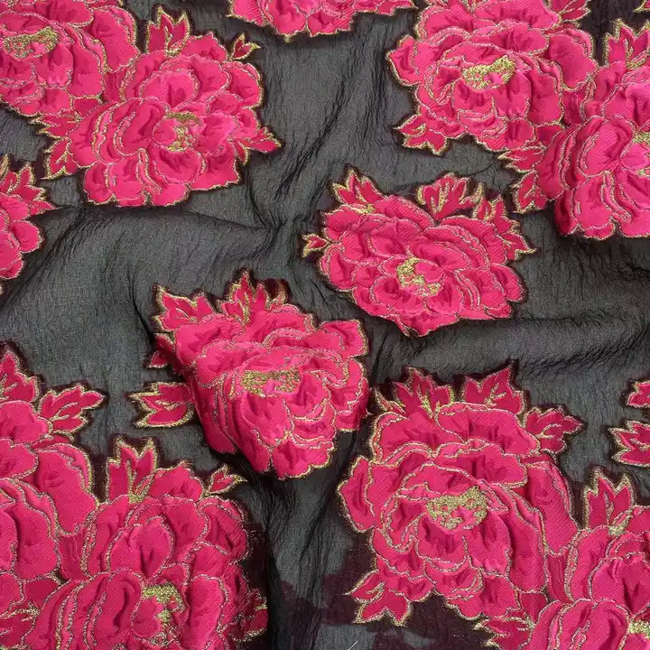 high quality elegant big red flowers golden edge organza jacquard black background fabric for women formal dress