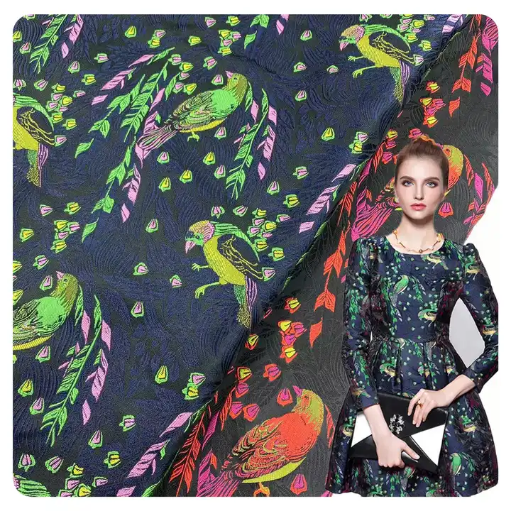 High Quality Multi colors birds and leaves jacquard brocade fabrics for pillow case or dress fabric