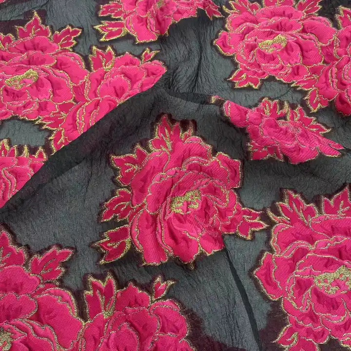 high quality elegant big red flowers golden edge organza jacquard black background fabric for women formal dress