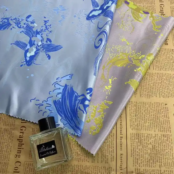100% Polyester Woven Beautiful Fish Jacquard Brocade silk fabric for Women Dress