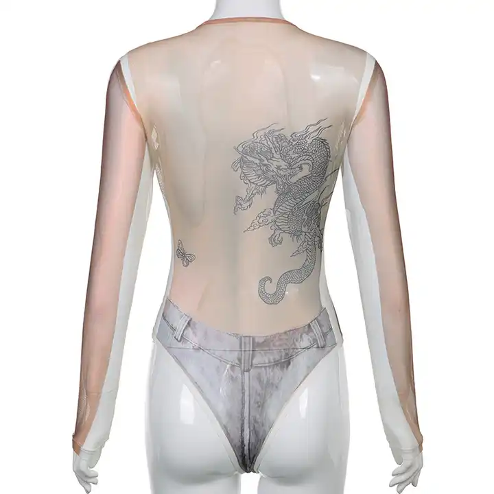 Sexy 3D Body Print Bodysuit Shirt 2023 New Fashion Patchwork See Through Mesh Fabric Long Sleeve Jumpsuit Shirts Tops Women