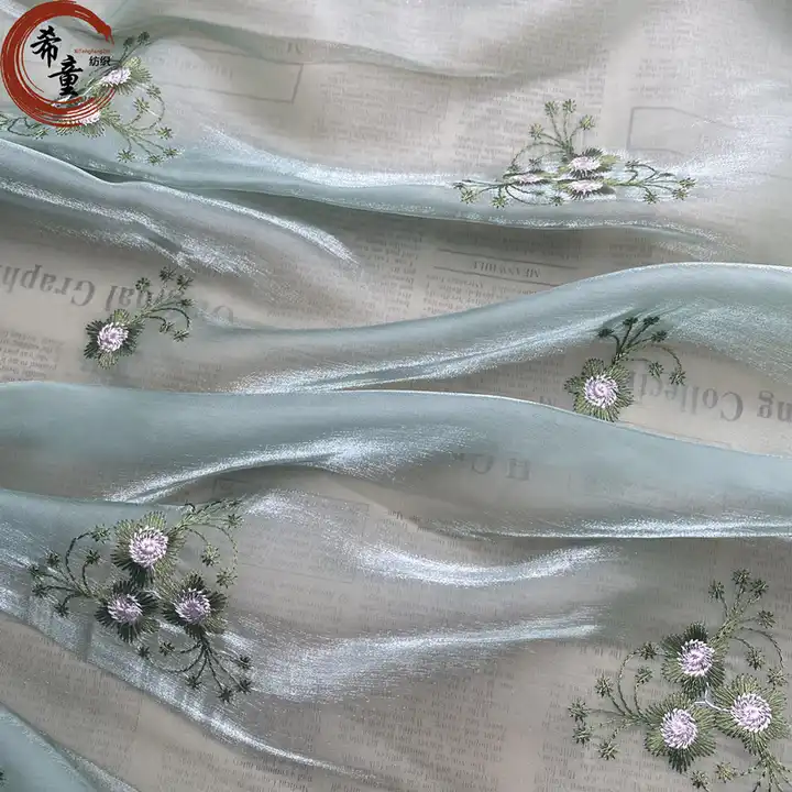High quality soft handfeeling embroidery flower pattern breathable transparent organza fabric